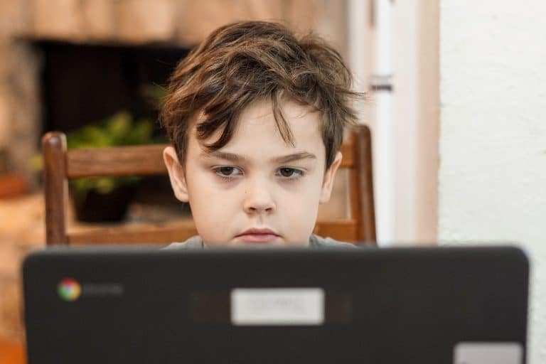 Young boy sitting behind a laptop